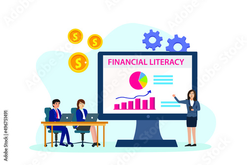 Financial literacy vector concept. Businesswoman explaining financial literacy to business people while studying together in the class