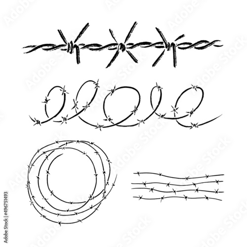 Barbed wire spiral, round, fence. Painted in black ink brush texture. Grunge style