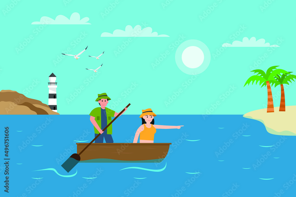 Holiday vector concept. Young couple rowing boat together in the seashore while enjoying summer vacation