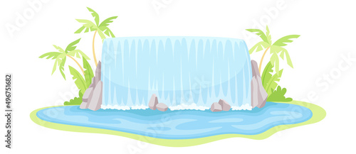 Waterfall with Flowing Water Over Vertical Drop Vector Illustration