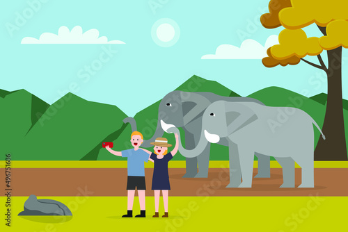 Ecotourism vector concept. Young couple taking selfie photo with elephants at the jungle while doing vacation