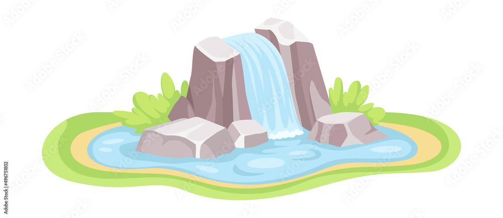 Waterfall with Flowing Water Over Vertical Drop Vector Illustration