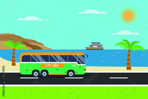 City bus vector concept. City bus moving on the road with beach background