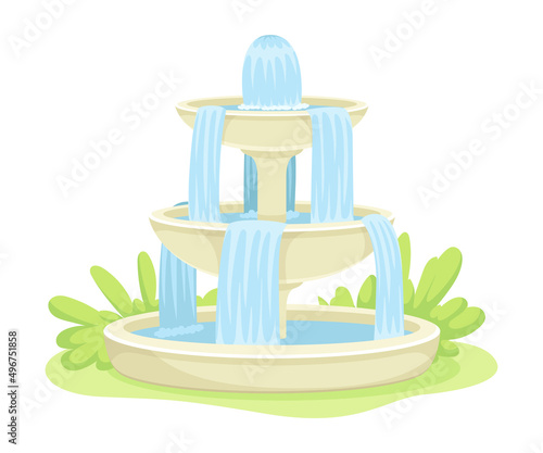 Fountain as Decorative Reservoir for Water Discharging Rested on Green Lawn Vector Illustration