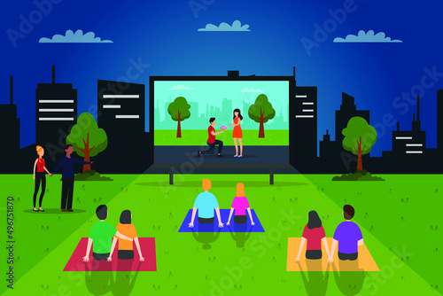 Entertainment vector concept. Crowded people enjoying outdoors cinema while watching together at the park