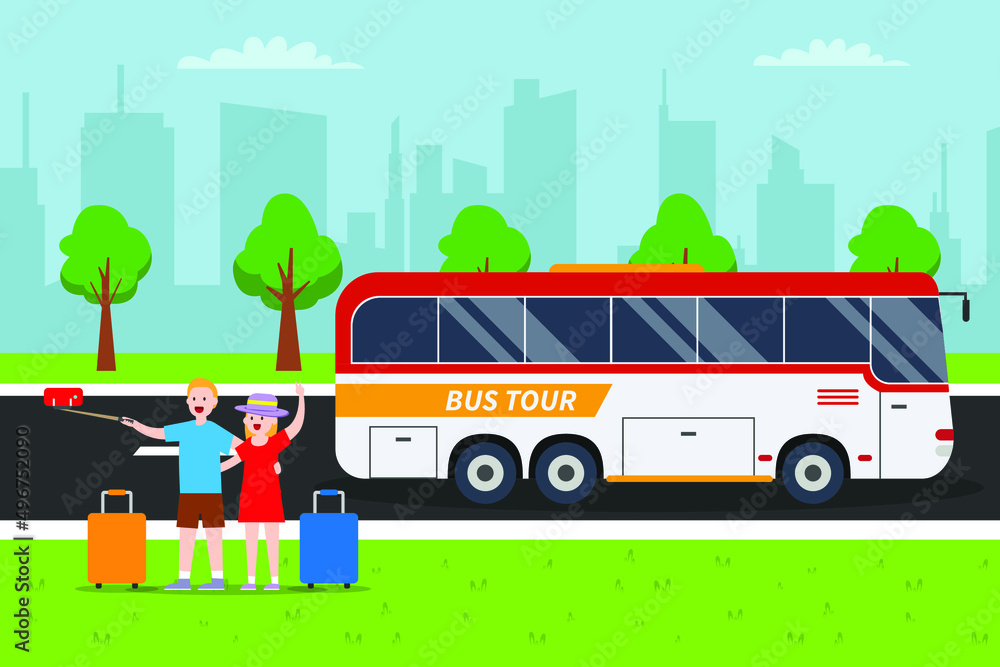 Bus tour vector concept. Happy young couple take selfie photo with a bus tour while standing with luggage Bus tour vector concept. Happy young couple take selfie photo with a bus tour while standing with luggage