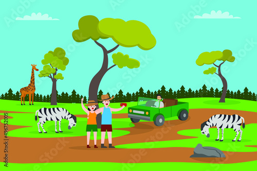 Holiday vector concept. Happy young couple using cellphone to taking a selfie photo with animals while enjoying road trip in the wildlife