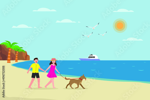Summer holiday vector concept. Happy young couple enjoying summer vacation while walking with their dog on the beach
