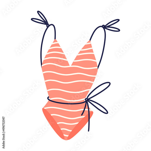 Female one-piece swimsuit vector icon. Hand drawn illustration isolated on white background. Bright striped clothes for relaxing on the beach, sunbathing, swimming. Summer cartoon clipart, flat style