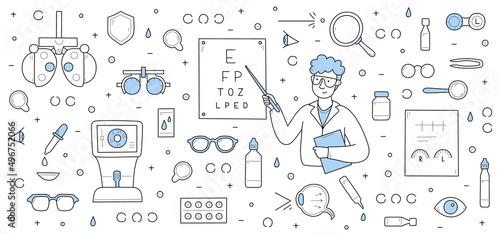 Ophthalmology background with doctor ophthalmologist check vision with eye test chart. Vector hand drawn illustration of man optometrist, glasses, drops and machines for eyesight medical exam