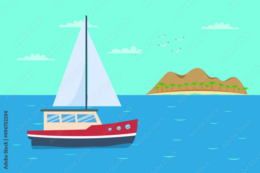 Summer holiday vector concept. Yacht sailing on the sea with island background Summer holiday vector concept. Yacht sailing on the sea with island background