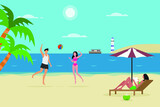 Summer holiday vector concept. Young couple playing volley ball in the beach while standing with their friend