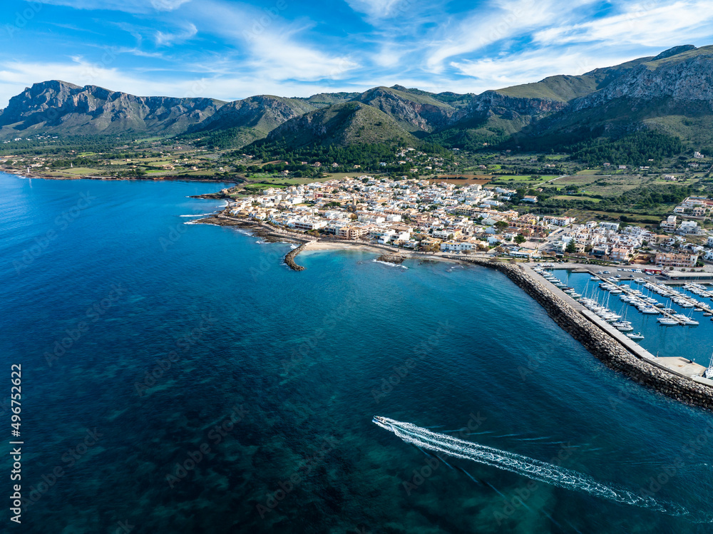 Naklejka premium Aerial view, Colonia de Sant Pere near Betlem, Region Arta, Mallorca, Balearic Islands, Spain