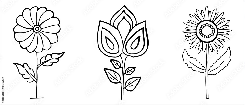 Hand drawn flower coloring page line art vector blank printable design ...