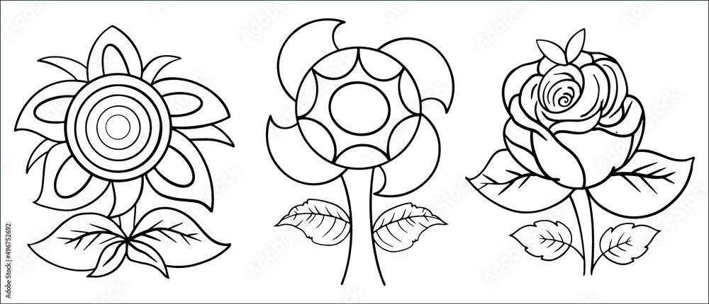 Hand drawn flower coloring page line art vector blank printable design ...