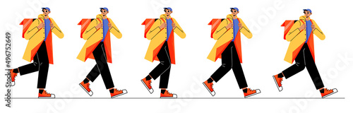 Courier character walk cycle sequence. Vector flat illustration of delivery service worker with backpack. Animation sprite sheet of walking deliverman steps in side view
