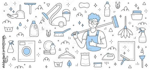 Cleaning service background with man worker in uniform, washing machine, vacuum cleaner, spray and detergent. Vector hand drawn illustration of janitor with broom, plunger, brush, iron and plates