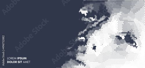 Illustration of an man's face created from small particle. Pixel art. 3D vector design for banner, flyer, poster, cover or brochure.