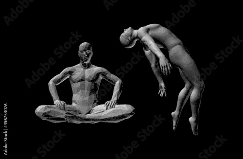 Thoughts have power. Man sits in lotos posture. Time for yoga or meditation. Levitation act. 3D vector illustration with metaphorical relationship to mind, mental powers and mystic consciousness.