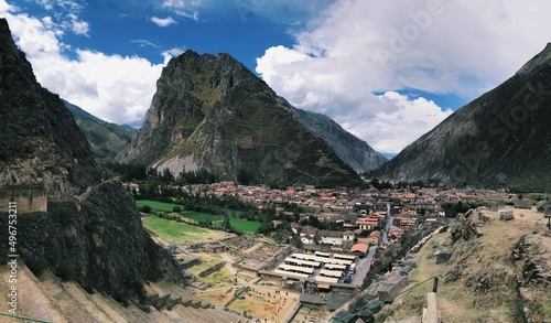 Mountainous and village view of Ollantaytambo, Urubamba, Cusco, Peru.