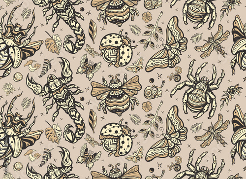 Insects background. Seamless pattern. Stag beetle, bee, bumblebee, butterfly, snail, scorpion, ladybug