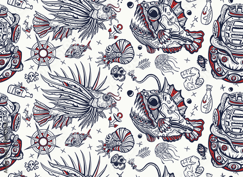 Underwater world seamless pattern. Life of ocean background. Angler fish, lionfish, jellyfish. Old school tattoo style. Deep water. Scuba diver helmet. Sea monsters