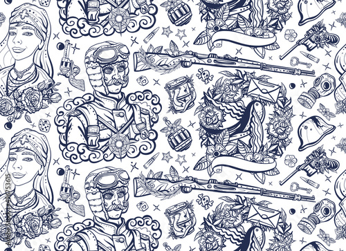World War One. Traditional tattooing style. Military pilot in uniform, beautiful nurse, letter swallow, weapon. Old school tattoo seamless pattern. Love of soldier. WW1. People, history and battles
