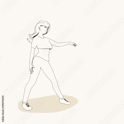 Standing woman. Sport girl illustration. Casual sportwear - t-shirt  breeches and sneakers. Young woman wearing workout clothes. Sport fashion girl outline in urban casual style.