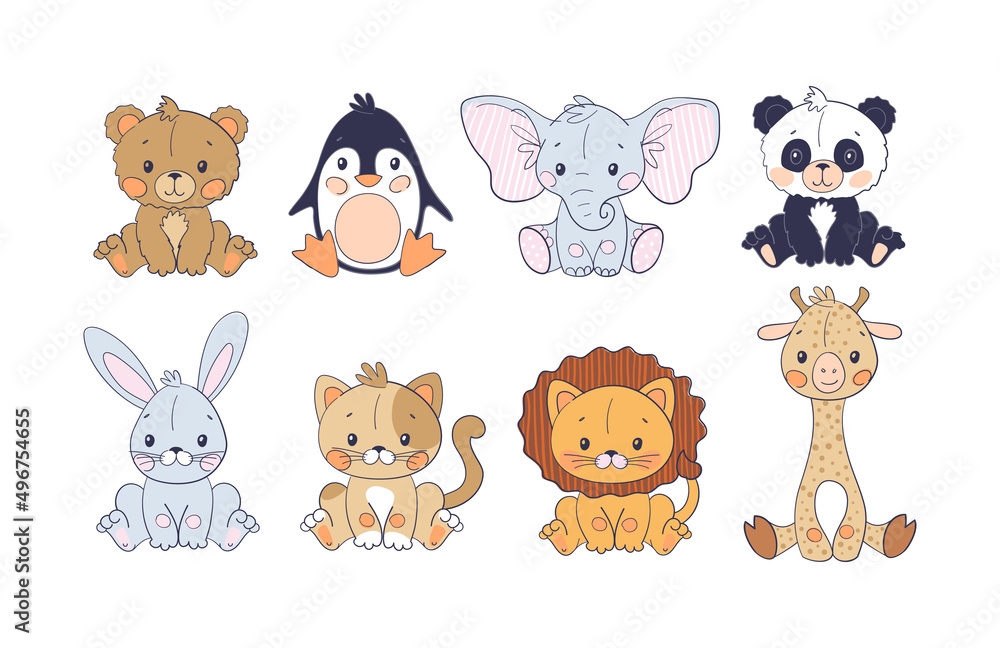 A set of cute jungle animals in a simple scandinavian design. Children s set of giraffe, elephant, lion, penguin, koala and bear. Colored flat vector illustration isolated on white background.