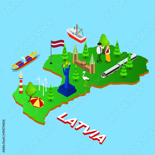 Latvian family in national dress standing on latvia map with topographic details isometric 3d vector illustration for banner, website, illustration, landing page, template, etc