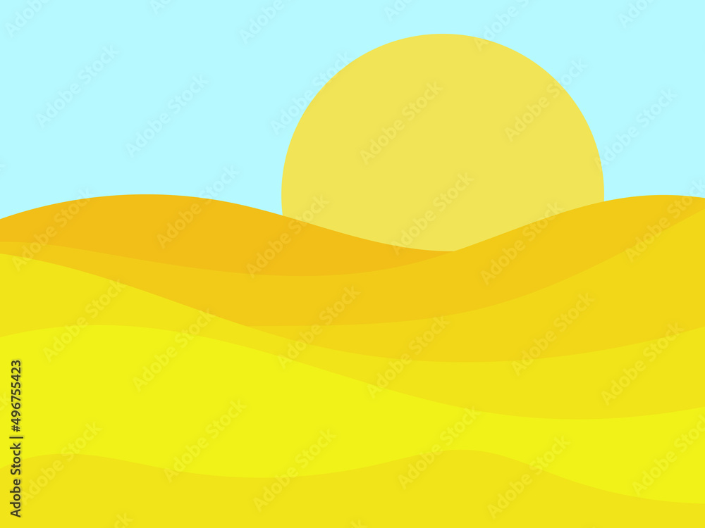 Desert landscape with dunes in a minimalist style. Yellow sun flat design. Boho decor for prints, posters and interior design. Mid Century modern decor. Vector illustration