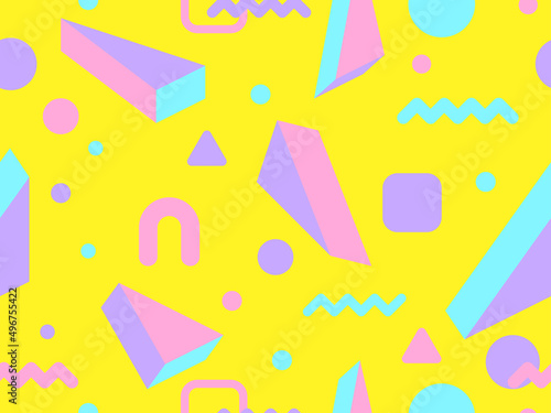 3d and 2d geometric shapes seamless pattern in 80s style. Memphis style elements with geometric shapes and vibrant colors. Design for promotional products, banners and posters. Vector illustration