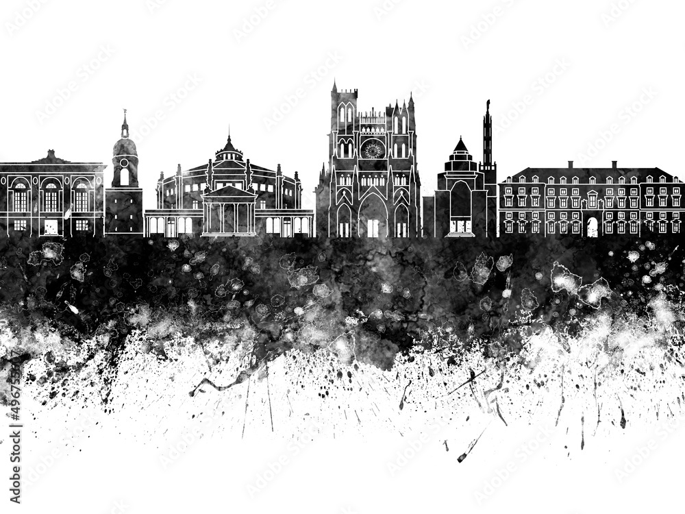 Amiens skyline in black watercolor