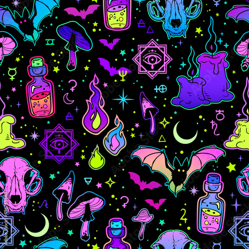 funny seamless illustration of bright witchy elements