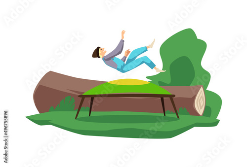 Smiling man or teenager jumping on trampoline outdoors, flat vector illustration isolated on white background.