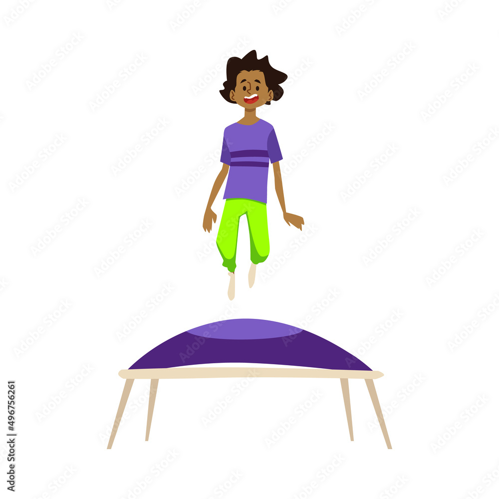 Smiling character jumping high on trampoline, flat vector illustration isolated on white background. Smiling character jumping high on trampoline, flat vector illustration isolated on white background.