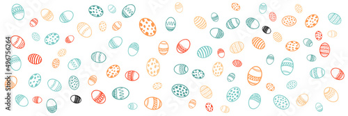 Colourful easter background banner with bunnies, eggs and flowers. Vector abstract graphic design banner pattern background template illustration.
