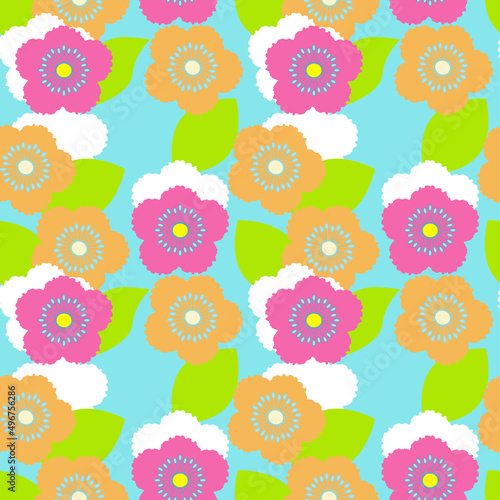 Hand drawn pink and orange flowers on a blue background, floral pattern, seamless illustration