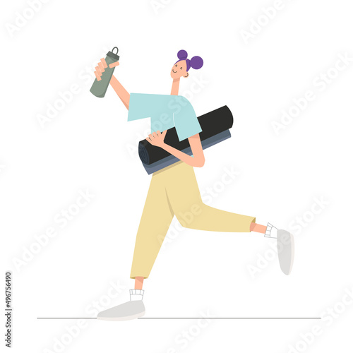 Young happy woman going to yoga class. Girl goes and hold bottle and sport mat. Vector modern flat style illustration. Isolated on white background.