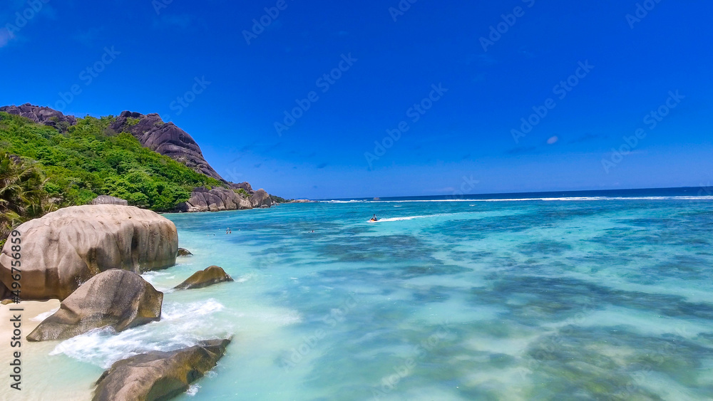 Anse Source Argent, La Digue. Amazing aerial view from drone on a beautiful sunny day Anse Source Argent, La Digue. Amazing aerial view from drone on a beautiful sunny day