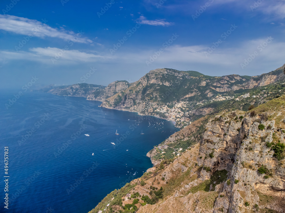 Beautiful aerial view of Amalfi Coast in summer season, drone viewpoint.