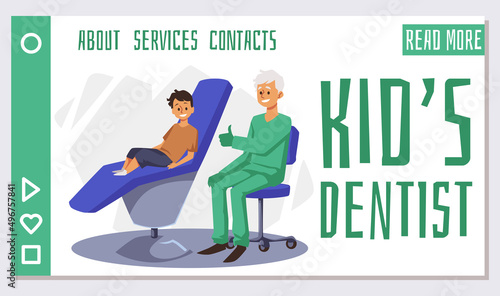Happy kid patient in dentists chair during appointment, landing page template, flat vector illustration.