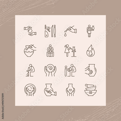 A large set of icons on the theme of pottery. Icons in linestyle for pottery.