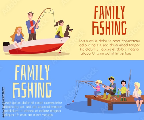 Banners or flyers set with family fishing together, flat vector illustration.