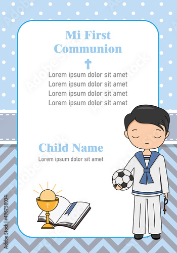 Card my first communion. Boy with soccer ball, bible and chalice