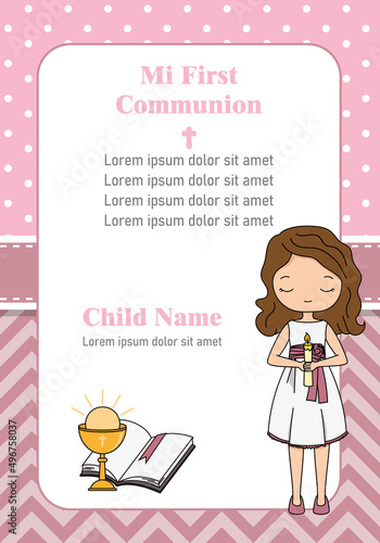 Card my first communion. Little girl with a candle.
