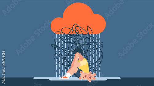 Bullying, harassment of children. The child suffers from stress, pain. The little boy is sitting on the floor and crying. Insecurity, bullying of children. Flat design. Abstract illustration. Vector