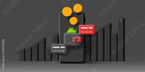 3d bar chart with smartphone and wallet with credit cards and banknotes and coins, mono chrome black