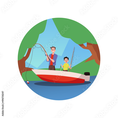 Circle sticker with father and son fishing flat vector illustration isolated.