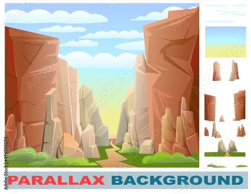 Rocky mountain gorge. Set for parallax effect. Grass and road. Stone rocky landscape. High peaks and cliffs. Sky with clouds. Illustration vector